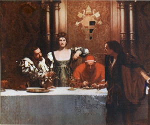 Un bicchiere di vino con Cesare Borgia, opera di John Collier. Sono ritratti Alessandro VI, Cesare e Lucrezia, sospettati di incesto già dai contemporanei