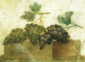 Grappoli d'uva in un affresco romano. Nell'Antica Roma il vino veniva consumato allungato con acqua