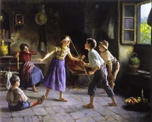 Bambini che giocano a moscacieca. Molti giochi e giocattoli dei bambini medievali si sono mantenuti fino ad oggi