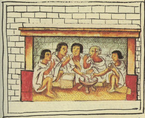 Uomini aztechi che mangiano. Gli Aztechi consumavano abitualmente cioccolata