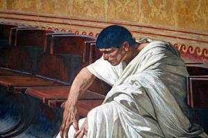 Lucio Sergio Catilina ascolta l'arringa pronunciata contro di lui da Cicerone (particolare di un dipinto)