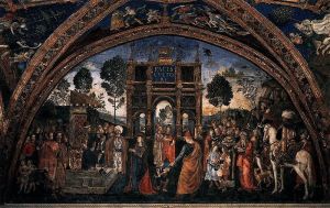 L'affresco del Pinturicchio "La disputa di Santa Caterina". Lucrezia Borgia è al centro della scena