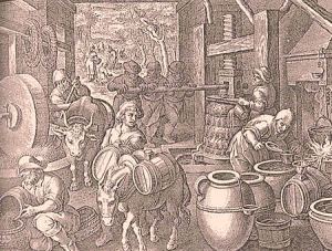 Lavorazione dell'olio in un antico frantoio. Nel '700 l'olio d'oliva italiano era il più rinomato d'Europa