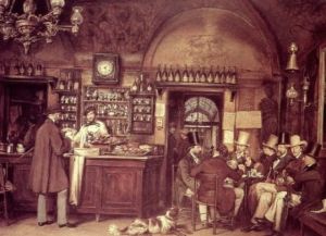 Un'antica caffetteria. Tè, caffè e cioccolata si diffusero in Europa a partire dal '600