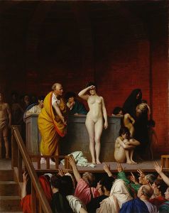 "Il mercato degli schiavi a Roma" di J.L.Gérome (1884). Lo schiavo era una "res", quindi poteva essere comprato e venduto
