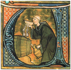 Medioevo: un monaco assaggia il vino. Nelle mense dei conventi si serviva spesso ai pellegrini la minestra, di cui esistevano tante varietà