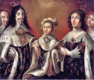 Luigi XIV da bambino ritratto tra i genitori. A lato del re Luigi XIII l'onnipresente Cardinale Richelieu