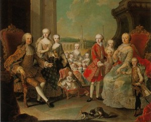 Maria Teresa d'Austria circondata dalla sua numerosa famiglia. La piccola nella culla è Maria Antonietta, che avrebbe riempito di rimproveri durante l'adolescenza