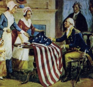 Filatrici di Filadelfia consegnano la bandiera americana a G. Washington