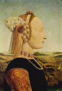 Ritratto di Battista Sforza. La donna sfoggia la tipica fronte alta che all'epoca era di moda
