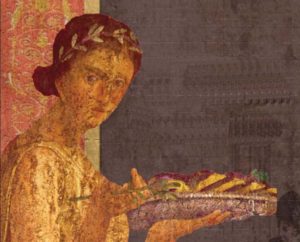 Una donna dell'Antica Roma porta del cibo in tavola (particolare di un affresco)