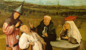 "Estrazione della malattia mentale" di Hieronymus Bosch (1492). Museo del Prado, Madrid