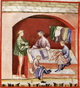 Una bottega nel Medioevo. Le donne nubili e quelle sposate (in assenza del marito) potevano lavorare