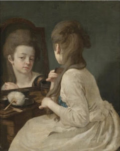 Una dama allo specchio. L'uso della cipria venne vietato durante la Rivoluzione Francese